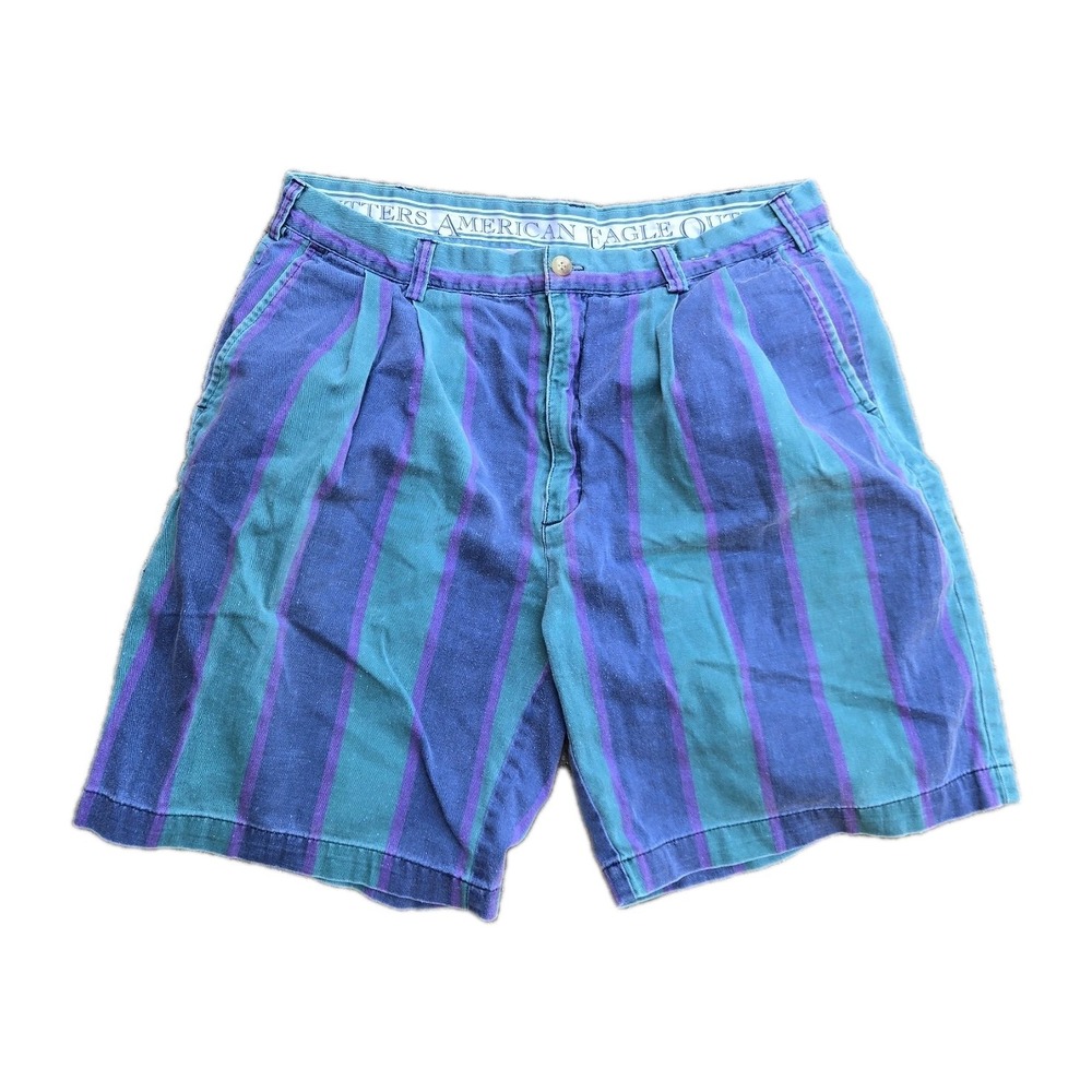 Vintage American Eagle Pinstripe Mens Shorts Sz 34 Multicolor Green Blue Cotton